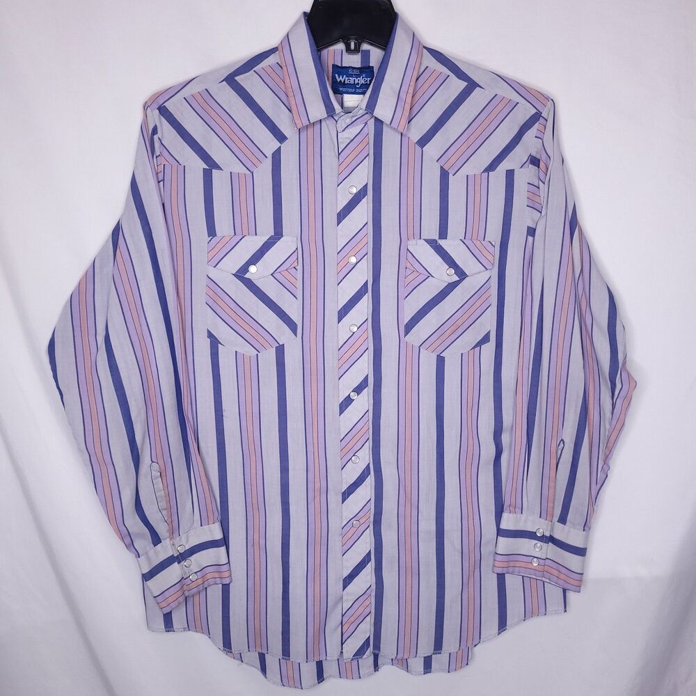 Vintage Wrangler Shirt Mens Large Striped Blue Western Pearl Snap Long Sleeve